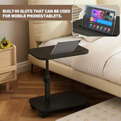 Adjustable Height TV Tray Table with Wheels, C Shaped End Side Table & Phone Tablet Slot, Swivel Snack Stand for Couch, Sofa, Bed,Living Room, Laptop Use in Small Spaces (Black) - color: Black