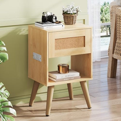 WLIVE Rattan Nightstands Set of 2 with Charging Station, Boho Nightstand, Wood Side Table, Small End Table with Drawers for Bedroom, Natural Oak - color: Natural Oak+1 Drawers+2pcs, style: Bohemian