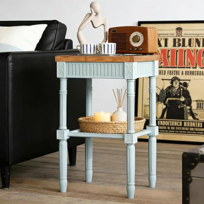COZAYH End Table - Rustic Farmhouse Accent Table - Tray Top, Pale Mint Blue | Engineered Wood, 17 x 13 x 28.25 in, 35 lb Capacity, Rectangular Shape, Distressed Finish, Wicker Shelf, No Assembly Required - color: Mint, size: 1-Pack