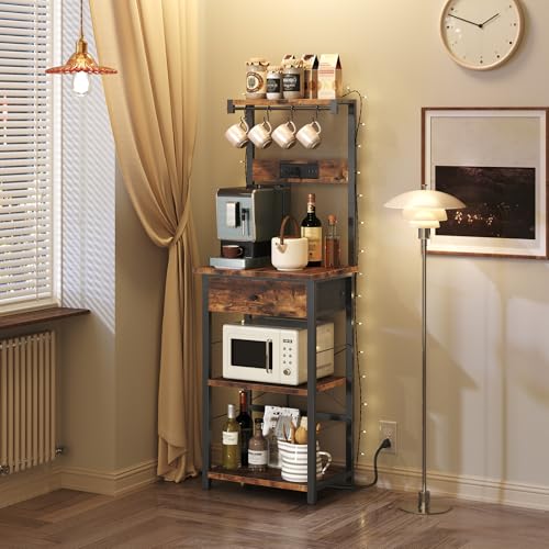 MAHANCRIS Bakers Rack with Drawer, Microwave Stand with Power Outlet, Coffee Bar Station with 4 Hooks, Kitchen Storage Shelf Rack 4 Tiers, for Kitchen, Dining Room, Rustic Brown and Black BRHR48E01 - color: Rustic Brown and Black