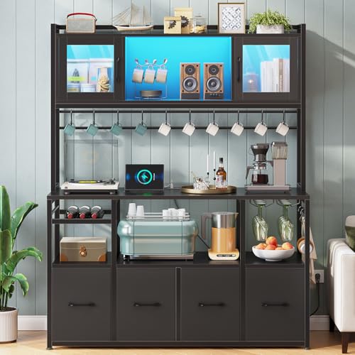Itaar Bakers Rack with Power Outlet and LED Light, 47.2'' Microwave Stand with Storage, Kitchen Coffee Bar Cabinet with Glass Door, 4 Drawer, Wine Rack, Goblet Holder and 12 Hooks, Black - color: Black