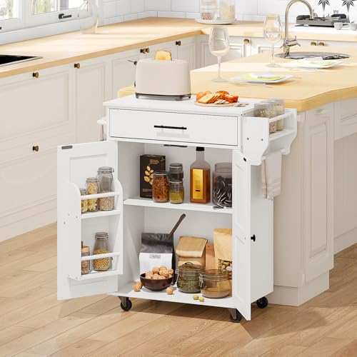 HOOBRO Kitchen Island with Power Outlet, Kitchen Storage Island with Large Worktop, Spice Rack and Drawer, Rolling Kitchen Island Cart on Wheels, for Kitchen and Dining Room, White WT88UZD01 - color: White