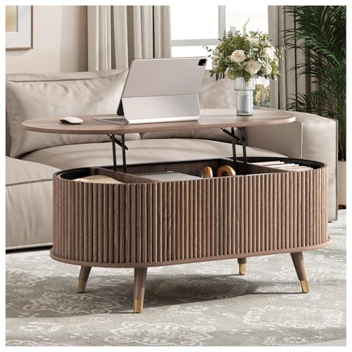 Oval Coffee Table with Storage, 42.5” Fluted Coffee Table with Lifting Top & Solid Wood Legs, Modern Lift Up Center Table for Living Room, Home Office, Walnut - color: Walnut, size: Oval(lift top)