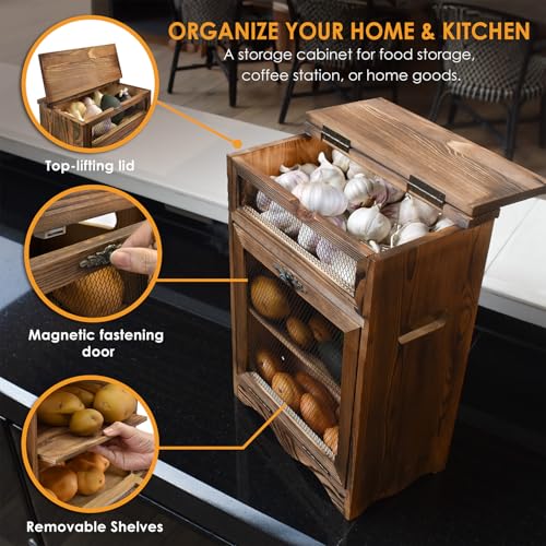 Ikee Design Free Assemble Wood Countertop Potato and Onion Storage Cabinet | Pine wood countertop cabinet with removable shelf stores bread, potatoes, onions and pantry essentials; fully assembled. - color: Rustic Brown, 2 Door