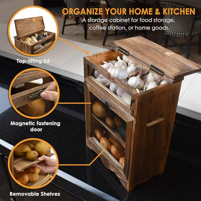 Ikee Design Free Assemble Wood Countertop Potato and Onion Storage Cabinet | Pine wood countertop cabinet with removable shelf stores bread, potatoes, onions and pantry essentials; fully assembled. - color: Rustic Brown, 2 Door