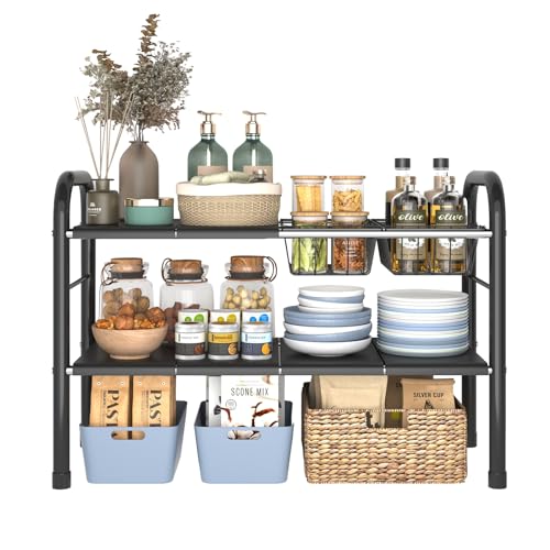 Expandable Under Sink Organizer, 2 Tier Under Sink Shelf | With 2 Removable Baskets and 6 Removable Panels, For Cabinet Sink Cloakroom Wardrobe Closet Storage, Black, 17.71”-32”Length