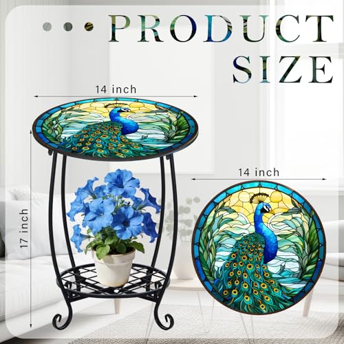 Cinnvoice Outdoor Side Table Round Small Mosaic Patio Accent Indoor End Plant Coffee Tea Table for Yard Patio Porch Garden Living Room, Bedroom(Peacock Style,18 Inch) - size: 18 Inch, style: Peacock Style