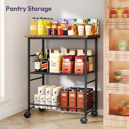 SWTYMIKI Rolling Kitchen Microwave Cart - 3 Tier Microwave Table Stand with Storage Basket and Hooks, Kitchen Utility Cart on Wheels, Coffee Cart Shelf Rack Organizer for Living Room Office, Balcony - color: Brown