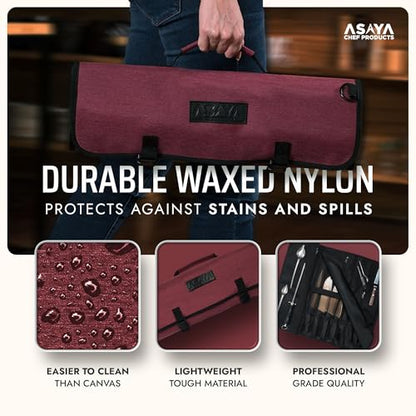 Asaya Waxed Nylon Chef Knife Roll Bag with 20 Slots and Zippered Pockets - Professional Chef Knife Bag & Storage Case, Tool Carrier with Shoulder Strap - Knives Not Included (Red) - color: Red