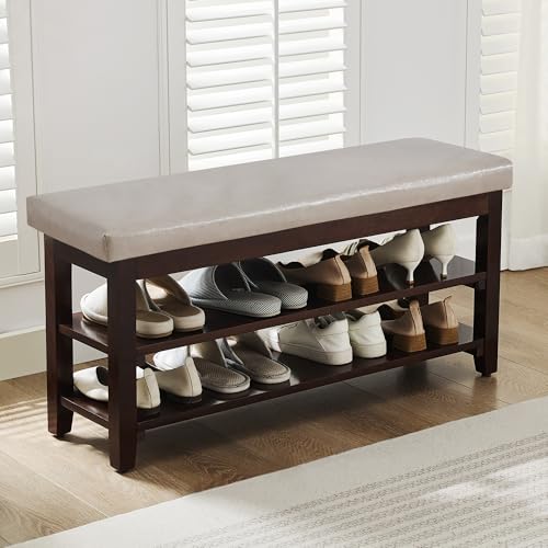 40" Shoe Bench with Leather Cushion, 2-Tier Shoe Rack Entryway Bench, Wood Bench for Front Door Entrance, Mudroom, Hallway, Wooden Shoe Shelves, Shoe Organizer, Shoe Storage, Grey - color: Grey