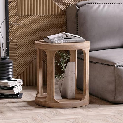 COZAYH Farmhouse Small End Table Coastal Low Wood Side Table, Wood Grey | Rustic Round Pedestal Table for Small Space, Living Room, Office, Couch, Distressed Finish