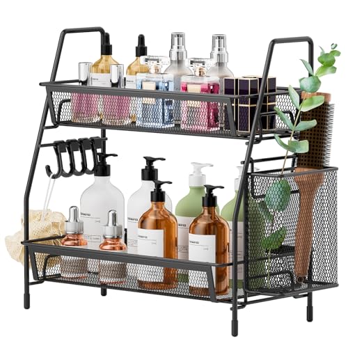 VITVITI 2-Tier Bathroom Organizer Countertop, Metal Wire Mesh Bathroom Counter Organizer Storage with Basket Hooks, Vanity Tray Shelf, Kitchen Spice Rack, Small Black - color: 2 Tier Small Black