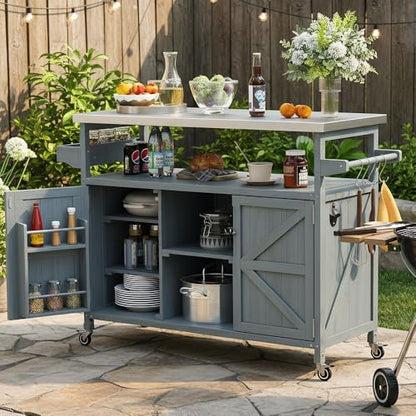 Merax 50" Outdoor Kitchen Grill Cart Island on Wheels with Stainless Steel Top,Farmhouse Style Solid Wood Frame Storage Cabinet - color: Grey Blue