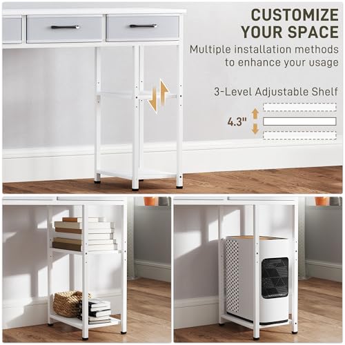 HOMCOM 47" Computer Desk with 3 Fabric Drawers, Home Office Desk with Adjustable Shelves, Small Writing Desk with Storage, White
