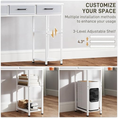 HOMCOM 47" Computer Desk with 3 Fabric Drawers, Home Office Desk with Adjustable Shelves, Small Writing Desk with Storage, White