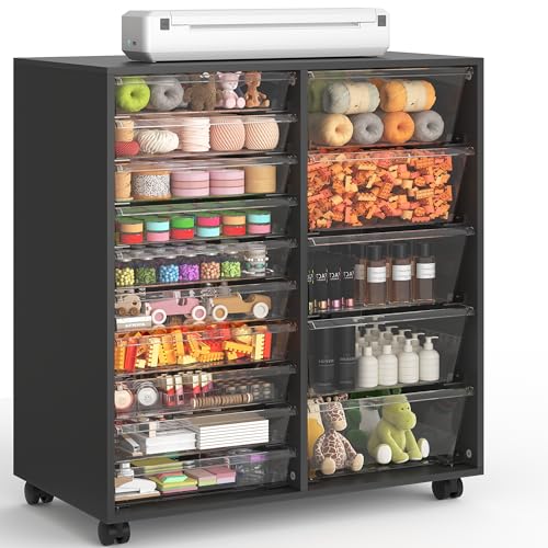 WOPITUES Mobile Storage Cabinet with 15 Clear Drawers, Craft Cabinet with 5 Large Drawers, Cart with Wooden Tabletop, Printer Stand Home Office, Dresser Chest, Modern Black - color: Black, size: 10M+5L