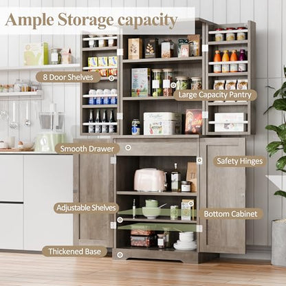 Vongrasig Kitchen Pantry Storage Cabinet with Barn Doors, Drawer and Adjustable Shelves, 6-Tier Tall Rustic Wood Cupboard Locker for Kitchen, Dining Room, Living Room, Bathroom, Rustic Grey - color: Rustic Grey