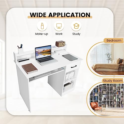 GOFLAME White Computer Desk, Home Office Desk with Large Drawers, Hutch, Keyboard Tray, 5-Position Adjustable Open Shelves, Easy Assembly, Writing Desk for Bedroom, Small Space, Living Room, White - color: White
