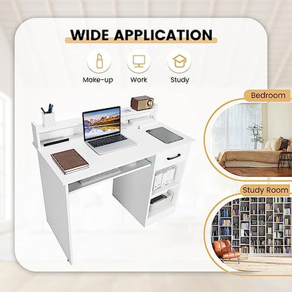 GOFLAME White Computer Desk, Home Office Desk with Large Drawers, Hutch, Keyboard Tray, 5-Position Adjustable Open Shelves, Easy Assembly, Writing Desk for Bedroom, Small Space, Living Room, White - color: White