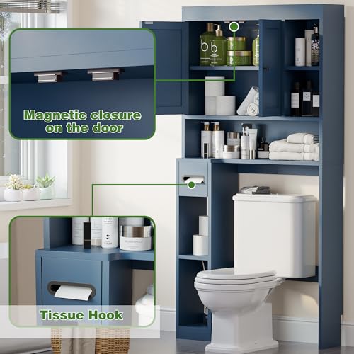 Over The Toilet Storage Cabinet with 7 Shelves, Imitation Walnut Grain Above Toilet Bathroom Organizer with Toilet Paper Holder Stand, Space Saver for Restroom, Laundry, Bathroom (Navy Blue) - color: Navy Blue