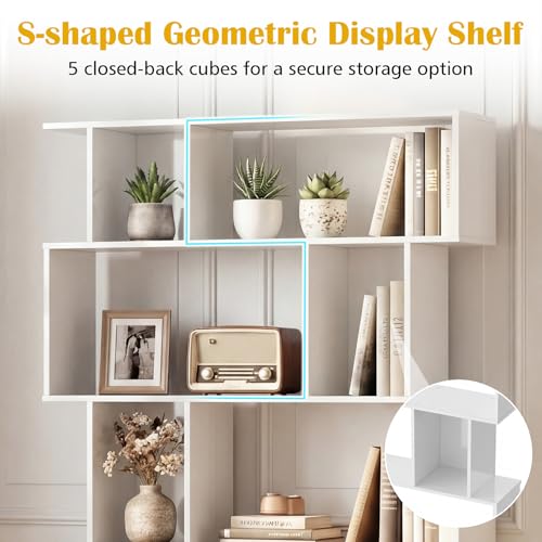GOFLAME 5-Tier Geometric Bookshelf, 62” Tall Bookcase with 10 Open Back & Closed Back Cubes, Modern Display Book Shelf, S-Shaped Storage Organizer for Living Room, Home Office (1,White) - color: White