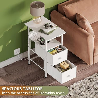 WLIVE Nightstand Set of 2 with Charging Station, End Table Sets with LED Lights, 2 Fabric Drawers and Open Shelf, Bed Side Tables Living Room, Small Space, Night Stand for Bedroom，White - color: White, size: 2 Drawers