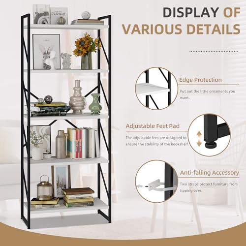 Vongrasig 5 Tier Bookshelf, Modern Tall Bookcase, Industrial Book Shelves Display Standing Shelf, Free Standing Storage Organizer for Bedroom, Living Room, White - color: White