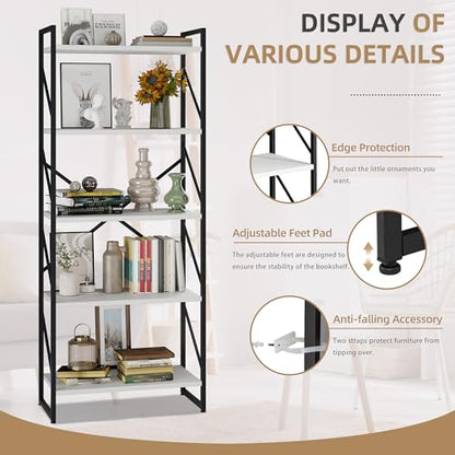 Vongrasig 5 Tier Bookshelf, Modern Tall Bookcase, Industrial Book Shelves Display Standing Shelf, Free Standing Storage Organizer for Bedroom, Living Room, White - color: White