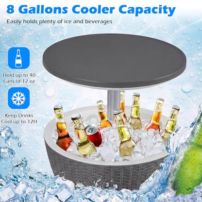 Tangkula Outdoor Cooler Table, Multi-Functional Cooler Bar Table, Adjustable Height Ice Cooler Side Table w/Drain Plug, 8 Gallon Beer & Wine Cooler, Rattan Style Patio Furniture for Pool Parties - color: Grey