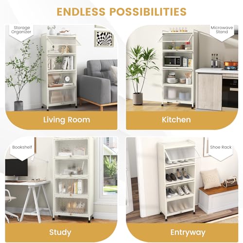 5-Tier Kitchen Storage Cabinet, Mobile Microwave Stand with Metal Frame, 4 Lockable Casters & Flip-up PC Doors, Freestanding Bakers Rack for Kitchen, Dining Room, Living Room (White) - color: White