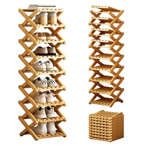 9 Tier Bamboo Shoe Rack, Foldable Narrow Organizer for Closet & Small Space | Space-saving vertical storage with foldable design, slim profile and bamboo build for entryway, apartment, dorm, small home - color: Natural