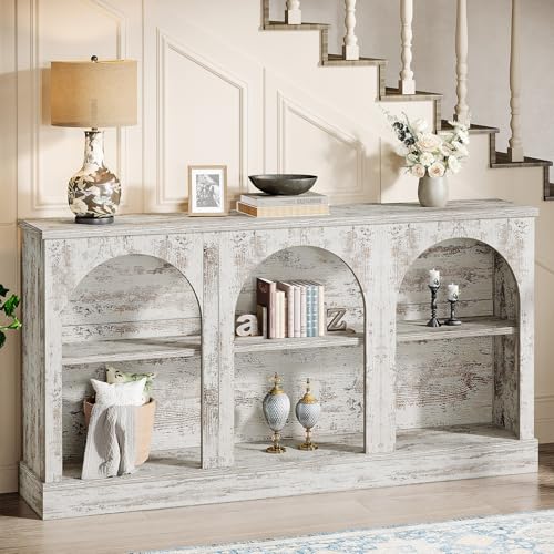 Tribesigns Farmhouse Console Table, 63-Inch Long Entryway Table with 3 Tier Storage, Wooden Rectangular Sofa Table Behind The Couch for Entrance, Hallway, Living Room, Distressed White - color: Distressed White