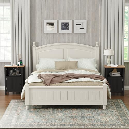 Furnify Farmhouse Nightstand Set of 2, Night Stand with Charging Station and USB Port, Modern Nightstand with Storage Shelf, Rustic Side Table with Open Space, Side Table for Bedroom, Black - color: Black