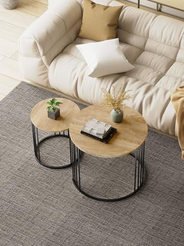 YORKING Nesting Coffee Table Set of 2, Round Table Set, Morden End Side Night Stand for Bedroom Dining Room （Wood） - color: Wood