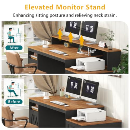 65" Farmhouse Computer Desk with Drawers and Printer Stand for Home Office | Office Desk with Power Outlets and Storage Cabinet, Study Writing Desks with Long Monitor Stand, Brown and Black - color: Brown and Black