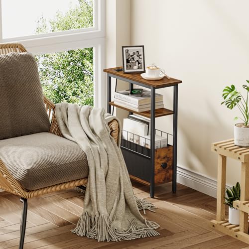 Snughome Narrow Side Table with Charging Station, Slim End Table for Small Spaces, 3 Tier Skinny Nightstand with Drawer, Sofa Beside Table with Storage Shelf for Living Room Bedroom - color: Rustic Brown