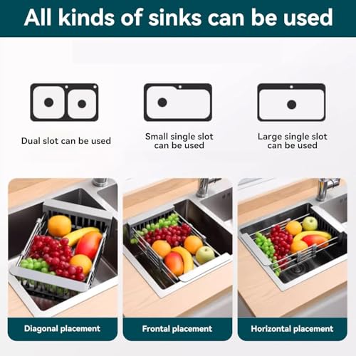 Adjustable Dish Drying Rack with Stainless Steel Drain Basket Over-The-Sink - Portable & Telescopic Space-Saving Solution for Fruit Vegetable