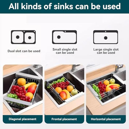 Adjustable Dish Drying Rack with Stainless Steel Drain Basket Over-The-Sink - Portable & Telescopic Space-Saving Solution for Fruit Vegetable