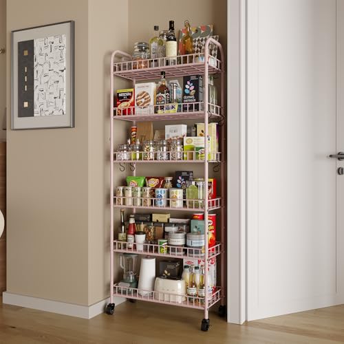 6 Tier Slim Rolling Storage Cart with Wheels, Metal Mobile Shelving Unit Organizer Utility Cart for Office Bathroom Kitchen Laundry Room Narrow Places (Pink 10 Inches) - size: Pink 10 Inches