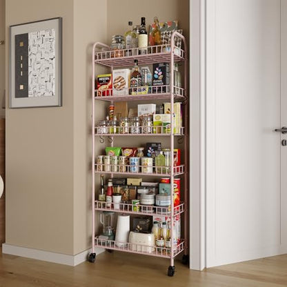 6 Tier Slim Rolling Storage Cart with Wheels, Metal Mobile Shelving Unit Organizer Utility Cart for Office Bathroom Kitchen Laundry Room Narrow Places (Pink 10 Inches) - size: Pink 10 Inches