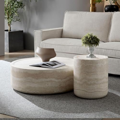 Faux Marble Round Side Table for Living Room Faux Stone Side Table End Tables Modern Travertine Circle End Tables for Apartment, No Need Assembly (Fiberglass-15.74'') - color: Faux Marble-15.74inch