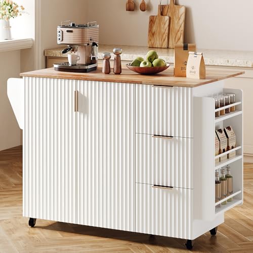 VINGLI Fluted Kitchen Island Cart on Wheels with Storage, Folding Rolling Kitchen Island with Drawers, Small Portable Island Table with Extendable Rubber Wood Top, White - color: White, size: 36"