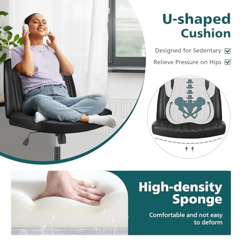 OLIXIS Criss Cross Chair, Vanity Chair, Home Office Desk | Armless No Wheels Wide Seat, Height Adjustable Swivel, Padded PU Leather, Bedroom Student Study, Black Dual Base - color: Black Dual Base
