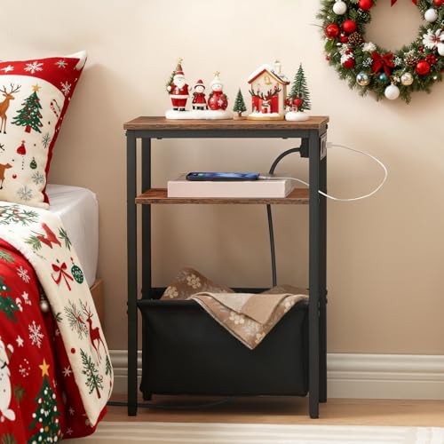 HOOBRO Small Narrow Side Table, Narrow End Table with Charging Station, Extra Slim Nightstand with Storage, Skinny End Table for Small Spaces for Living Room, Rustic Brown and Black BF125UBZ01