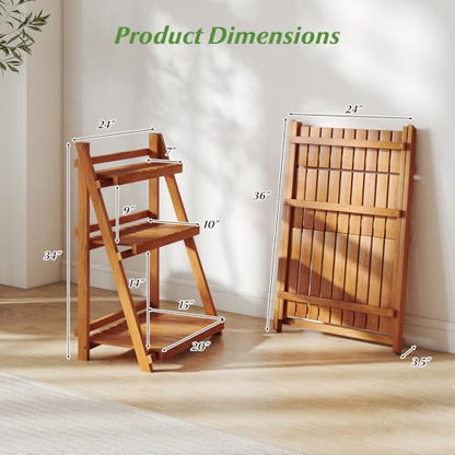 S AFSTAR 3-Tier Folding Plant Stand, Wood Ladder Flower Rack with Anti-falling Bars, Corner Storage Shelves for Book, Decorations, Potted Flower Stand Holder for Living Room, Balcony, Study, No Assembly