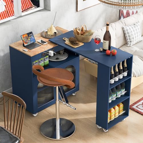 Rolling Kitchen Island with Extendable Swivel Table and Power Outlet, Kitchen Island on Wheels with Storage Cabinet, Fluted Glass Doors and Open Shelves for Small Spaces, Navy Blue - color: Navy Blue
