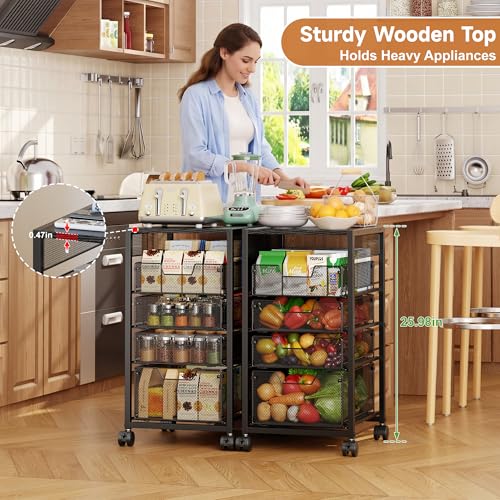 5-Tier Kitchen Utility Storage Cart with Adjustable Wood Top (Tabletop or Basket), Fruit Vegetable Storage Rack with Wheels & Drawers, Metal Rolling Pantry Cart, Kitchen Organizer for Snack Can Potato - size: 5-Tier Top Adjustable