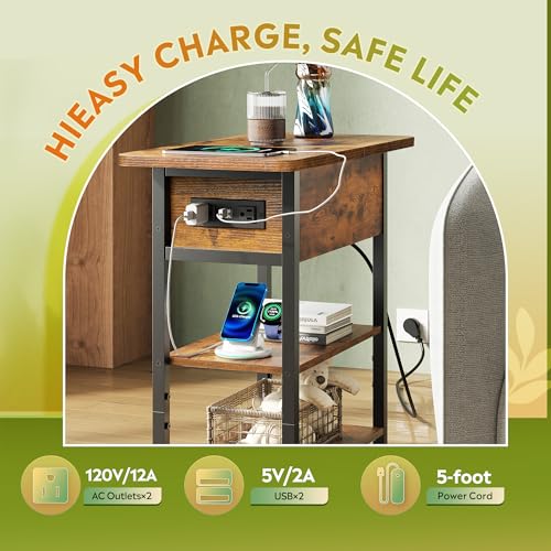 WLIVE 3-Tier End Table with Charging Station, Flip Top Narrow Side Table with Storage Shelf, Small Nightstand with USB Ports and Outlets,Bedside Table for Living Room, Bedroom - color: Rustic Brown