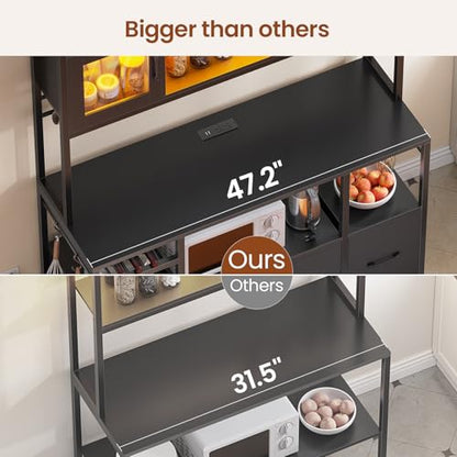 Itaar Bakers Rack with Power Outlet and LED Light, 47.2'' Microwave Stand with Storage, Kitchen Coffee Bar Cabinet with Glass Door, 4 Drawer, Wine Rack, Goblet Holder and 12 Hooks, Black - color: Black