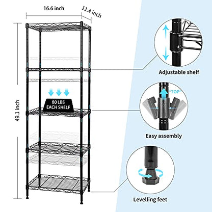 SUNLPH 5-Tier Wire Shelving Adjustable Shelves Unit Metal Storage Rack for Laundry Bathroom Kitchen Pantry Closet Organization (Black, 16.6" L x 11.4" W x 49.1" H) - size: 16.6"L x 11.4"W x 49.1"H - Basket